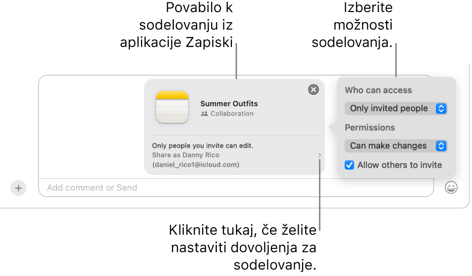 Bližnji pogled na polje za besedilna sporočila na dnu pogovora v Sporočilih. Povabilo za sodelovanje v zapisku. Če želite nastaviti dovoljenja za sodelovanje, lahko kliknete desno stran povabila.