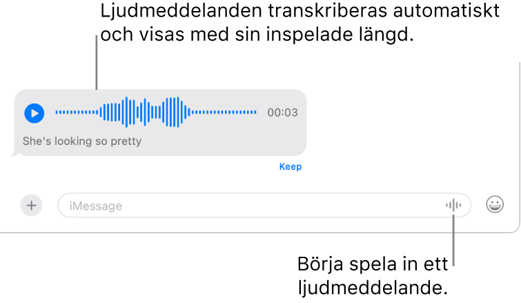 En konversation i Meddelanden med knappen för att spela in ljud bredvid meddelandefältet längst ned i fönstret. Ett ljudmeddelande med dess transkribering och inspelade längd visas i konversationen.