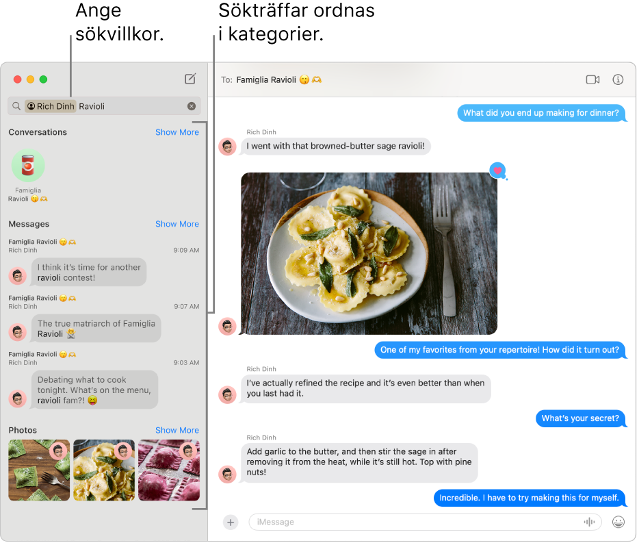 Fönstret Meddelanden med sökvillkor i sökfältet uppe till vänster. Sökträffarna är ordnade i kategorier som Konversationer, Meddelanden och Bilder nedanför.
