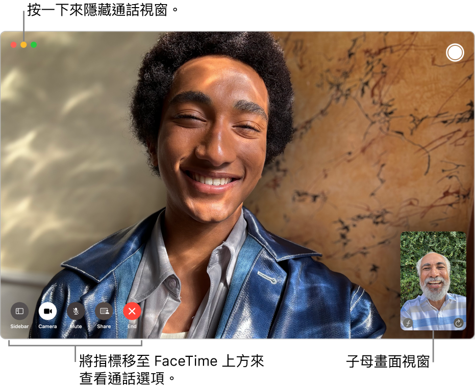 FaceTime 視訊通話進行中。子母畫面視窗顯示在右上角，而 FaceTime 通話選項顯示在左下角。