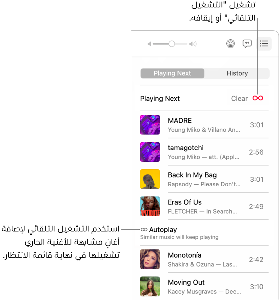 قائمة الانتظار التالي. انقر على زر تشغيل تلقائي لتشغيلها أو إيقافها. عندما يكون خيار تشغيل تلقائي في وضع التشغيل، تتم إضافة الأغاني المماثلة إلى نهاية قائمة الانتظار.