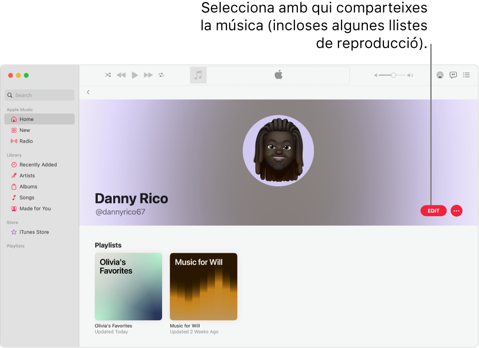 La pàgina de perfil de l’Apple Music: a la dreta de la finestra, fes clic a “Editar” per seleccionar qui et pot seguir. A la dreta d’”Editar”, fes clic al botó “Més” per compartir la teva música.