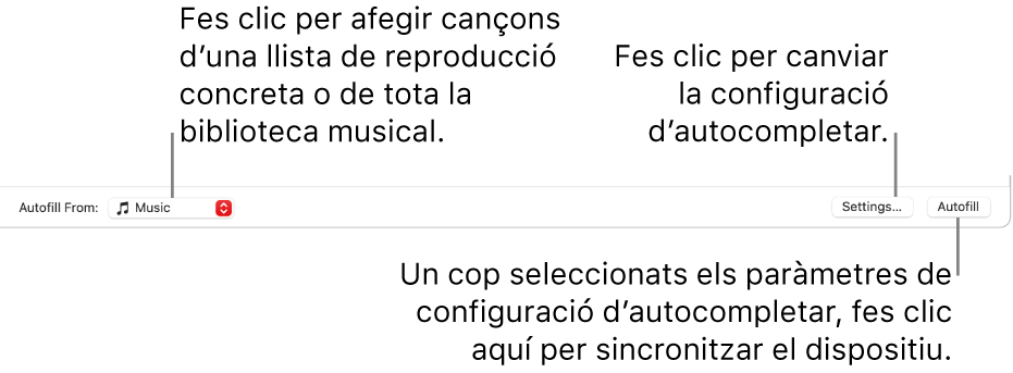 Les opcions d’Autocompletar a la part inferior de la finestra de l’app Música. Menú desplegable “Des de” a l’extrem esquerre, on es pot triar afegir cançons des d’una llista de reproducció o des de tota la biblioteca. A l’extrem dret hi ha dos botons: Configuració, per canviar diverses opcions d’Autocompletar, i Autocompletar. Quan facis clic a Autocompletar, el dispositiu s’omplirà automàticament amb les cançons que compleixin els requisits.