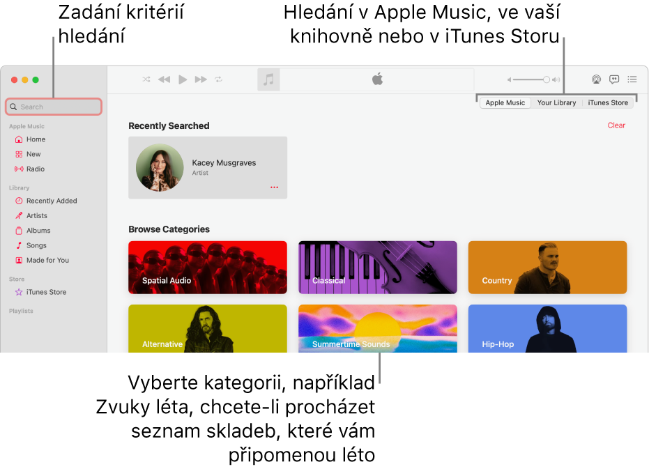 Okno Apple Music s polem hledání v levém horním rohu, seznamem kategorií uprostřed okna a volbami Apple Music, Vaše knihovna a iTunes Store v pravém horním rohu Do pole hledání zadejte kritéria vyhledávání a určete, zda chcete prohledávat celou Apple Music, jen svoji knihovnu nebo iTunes Store