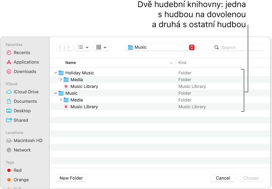 Okno Finderu, v němž je vidět více knihoven – jedna s hudbou na dovolenou a další s ostatní hudbou