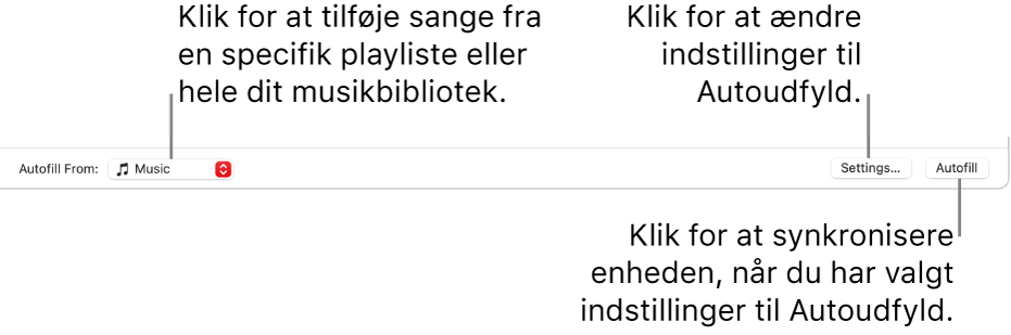 Indstillingerne til Autoudfyld nederst i vinduet Musik. Yderst til venstre findes lokalmenuen Auto-udfyld, hvor du kan vælge, om der skal tilføjes sange fra en playliste eller fra hele dit bibliotek. Yderst til højre er to knapper – Indstillinger til ændring af forskellige indstillinger til Auto-udfyld og Auto-udfyld. Når du klikker på Auto-udfyld, fyldes din enhed op med sange, der opfylder kriterierne.