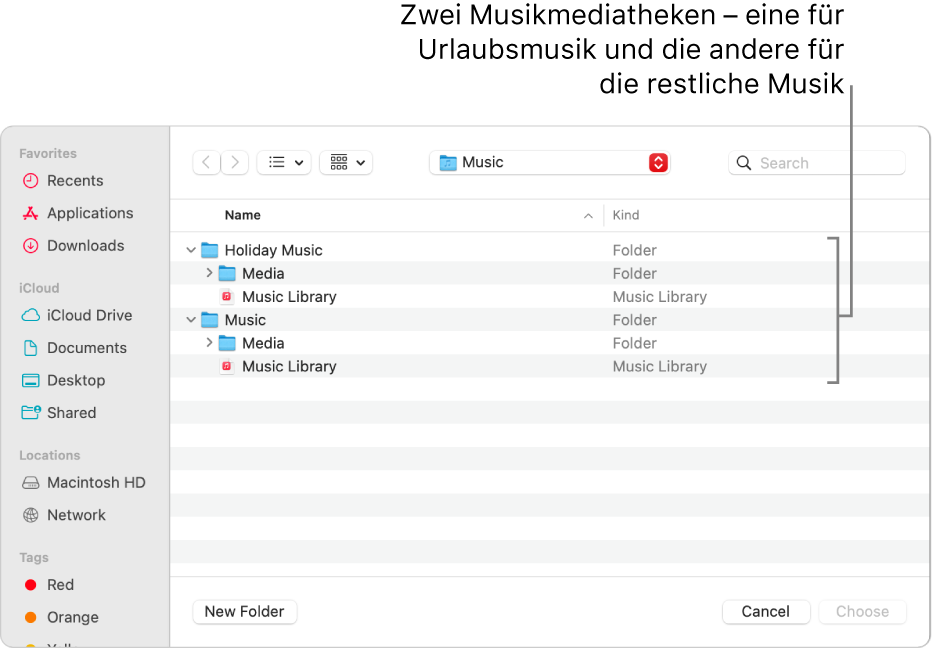 Das Finder-Fenster zeigt mehrere Mediatheken, eine für Urlaubsmusik und die andere für deine übrige Musik.