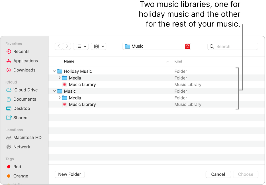 The Finder window showing multiple libraries — one for holiday music and the other for the rest of your music.