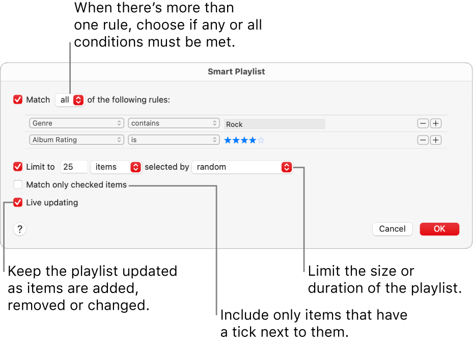 The Smart Playlist dialogue: In the top-left corner, select Match, then specify the playlist criteria (such as genre or rating). Continue to add or remove rules by clicking the Add or Remove button in the top-right corner. Select various options in the lower portion of the dialogue such as limiting the size or duration of the playlist, including only songs that are checked or having Music update the playlist as items in your library change.