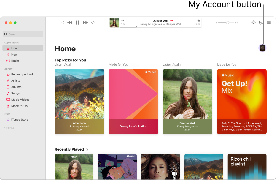 The Apple Music window showing the Home screen. The My Account button (which looks like a photo or monogram) is in the top-right corner of the window.