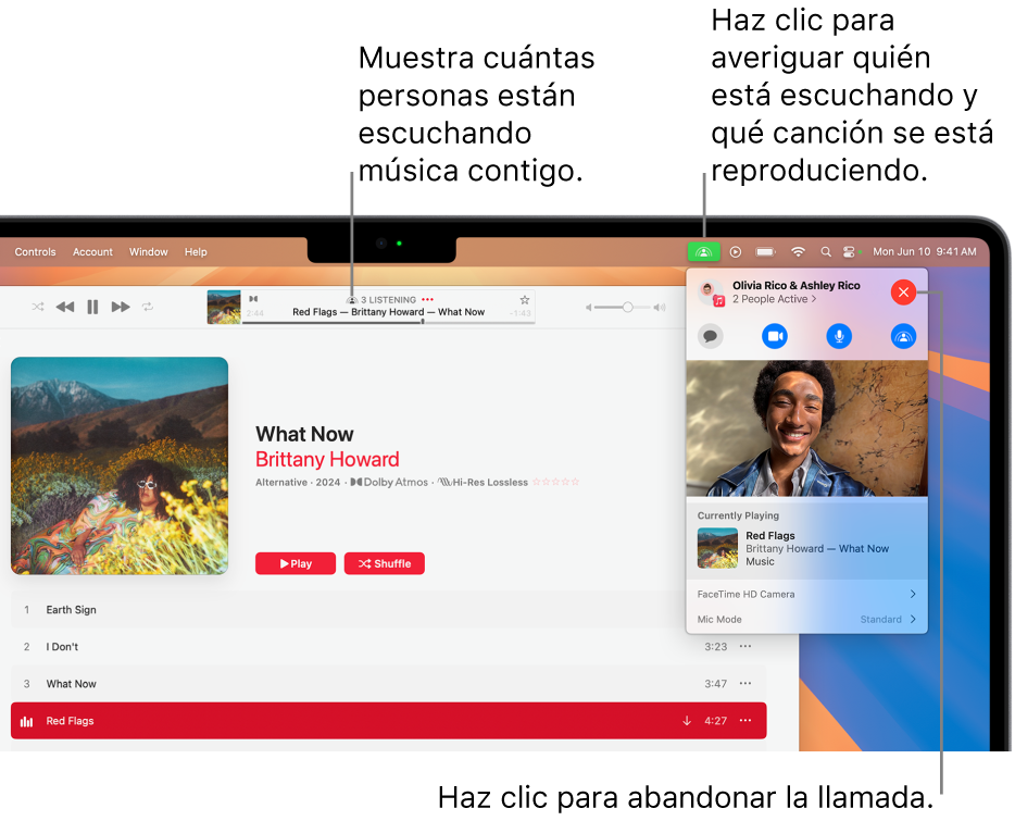 La ventana de Apple Music con una canción reproduciéndose mientras se usa SharePlay. La ventana de reproducción muestra cuántas personas están escuchando música. A la derecha, se hace clic en el ícono de SharePlay y se muestra quién está escuchando y la canción que se está reproduciendo en ese momento. A la derecha, puedes hacer clic en el botón Cerrar.