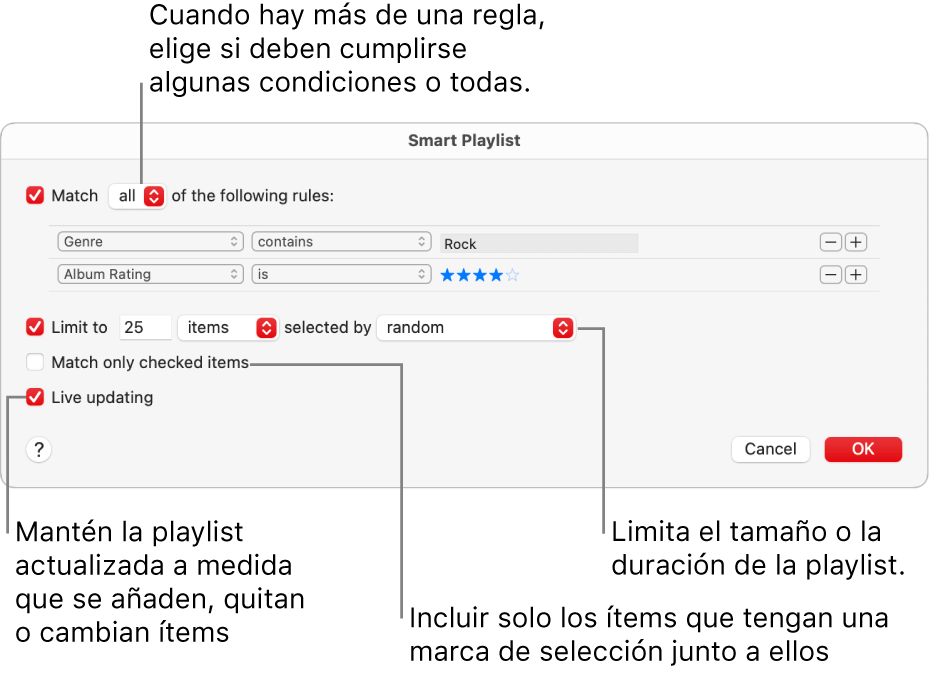 El cuadro de diálogo de “Playlist inteligente”: En la esquina superior izquierda, selecciona “Ítems de” y especifica los criterios de la playlist (como el género o la puntuación). Sigue añadiendo o eliminando reglas haciendo clic en el botón Añadir o Eliminar de la esquina superior derecha. Selecciona varias opciones en la parte inferior del cuadro de diálogo, como el límite del tamaño o la duración de la playlist, si incluir solo las canciones seleccionadas o hacer que Música actualice la playlist si cambian los ítems de la biblioteca.