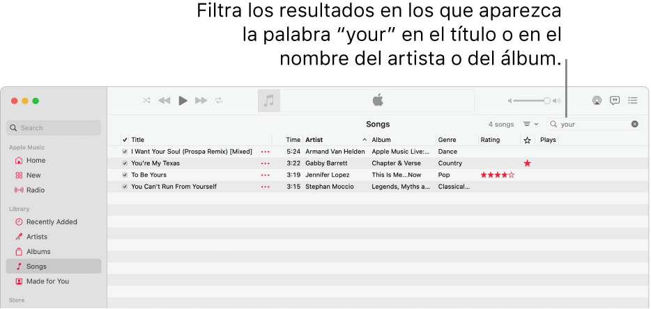 Ventana de la app Apple Music con la lista de canciones que aparecen cuando se introduce “tu” en el campo del filtro de la esquina superior derecha. Las canciones de la lista incluyen la palabra “tu” en el título o el nombre del artista o del álbum.