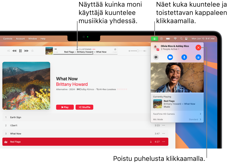 Apple Music-ikkuna, jossa toistetaan kappaletta käyttäen SharePlayta. Toistoikkunassa näkyy, kuinka monta ihmistä kuuntelee musiikkia yhdessä. Oikealla puolella klikataan SharePlay-kuvaketta ja näet, ketkä kuuntelevat sekä toistettavan kappaleen. Oikealla voit klikata Sulje-painiketta.