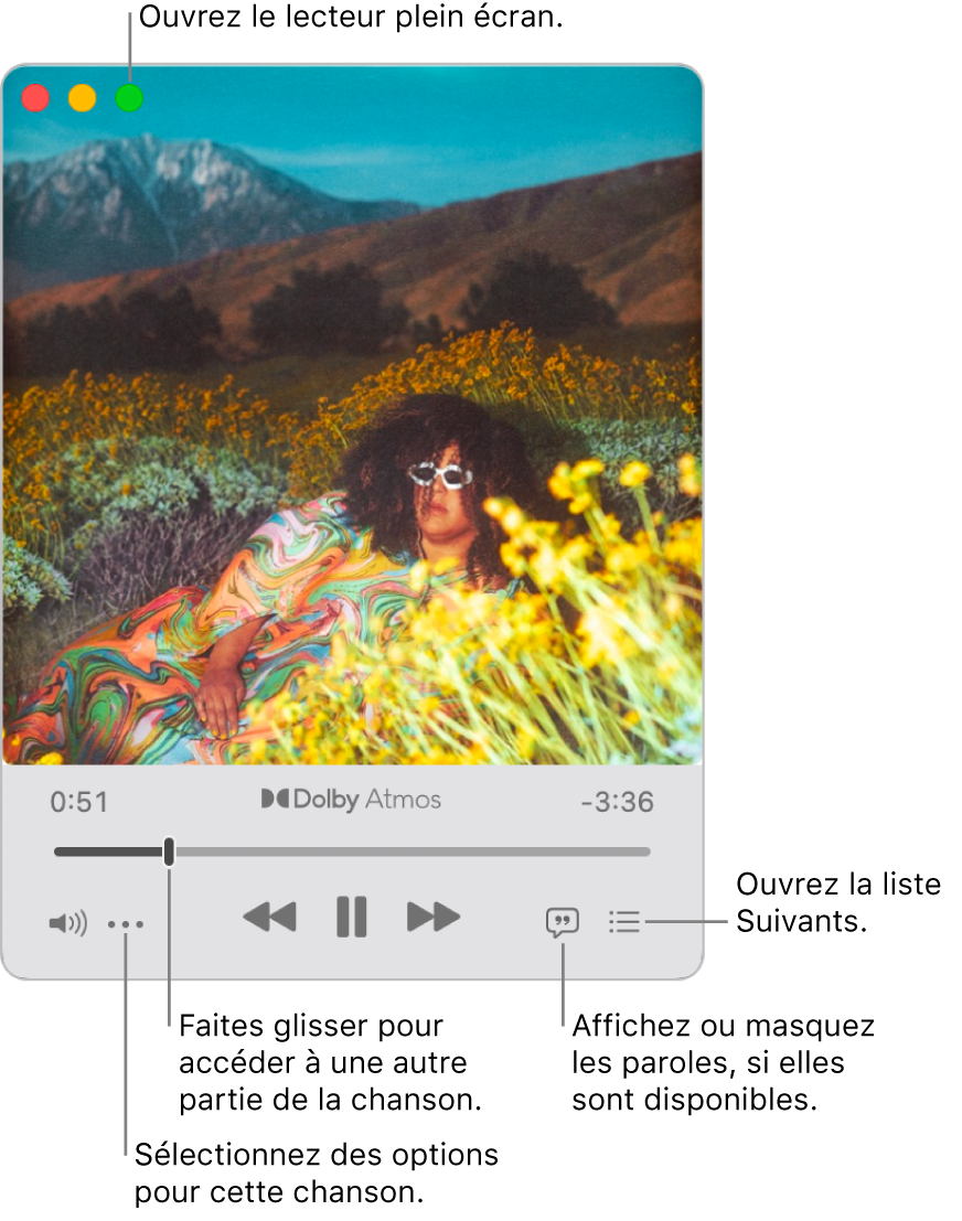 Mini-lecteur agrandi présentant les commandes de la chanson à l’écoute. Dans le coin supérieur gauche se trouve la fenêtre des commandes, utilisée pour ouvrir et fermer le lecteur plein écran. La partie principale de la fenêtre affiche la pochette de l’album pour la chanson en cours de lecture. Sous l’illustration se trouvent un curseur pour passer à une autre partie de la chanson et des boutons pour régler le volume, afficher les paroles et voir ce qui se joue ensuite.