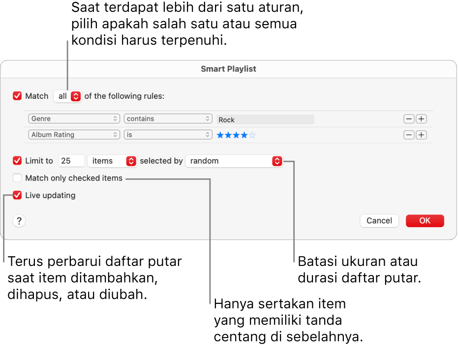 Dialog Daftar Putar Cerdas: Di pojok kiri atas, pilih Cocokkan, lalu tentukan kriteria daftar putar (seperti genre atau nilai). Lanjutkan untuk menambah atau menghapus aturan dengan mengeklik tombol Tambah atau Hapus di pojok kanan atas. Pilih beragam opsi di bagian bawah dialog seperti membatasi ukuran atau durasi daftar putar, termasuk hanya lagu yang dicentang atau membuat Musik memperbarui daftar putar menjadi item di perubahan perpustakaan Anda.