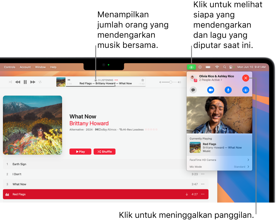 Jendela Apple Music dengan lagu yang diputar saat menggunakan SharePlay. Jendela pemutaran menampilkan jumlah orang yang mendengarkan musik bersama. Di sebelah kanan, ikon SharePlay diklik dan Anda dapat melihat siapa yang mendengarkan dan lagu yang sedang diputar. Di sebelah kanan, Anda dapat mengeklik tombol Tutup.