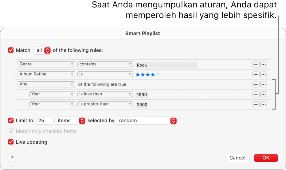 Dialog Daftar Putar Cerdas: Gunakan tombol Kumpulan di sebelah kanan untuk membuat aturan tambahan yang dikumpulkan untuk mendapatkan hasil yang lebih spesifik.