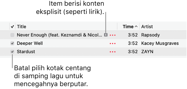 Detail daftar lagu di Musik, menampilkan kotak centang dan simbol eksplisit untuk lagu pertama (menandakan bahwa lagu memiliki konten eksplisit seperti lirik). Batalkan pilihan kotak centang di samping lagu untuk mencegahnya diputar.