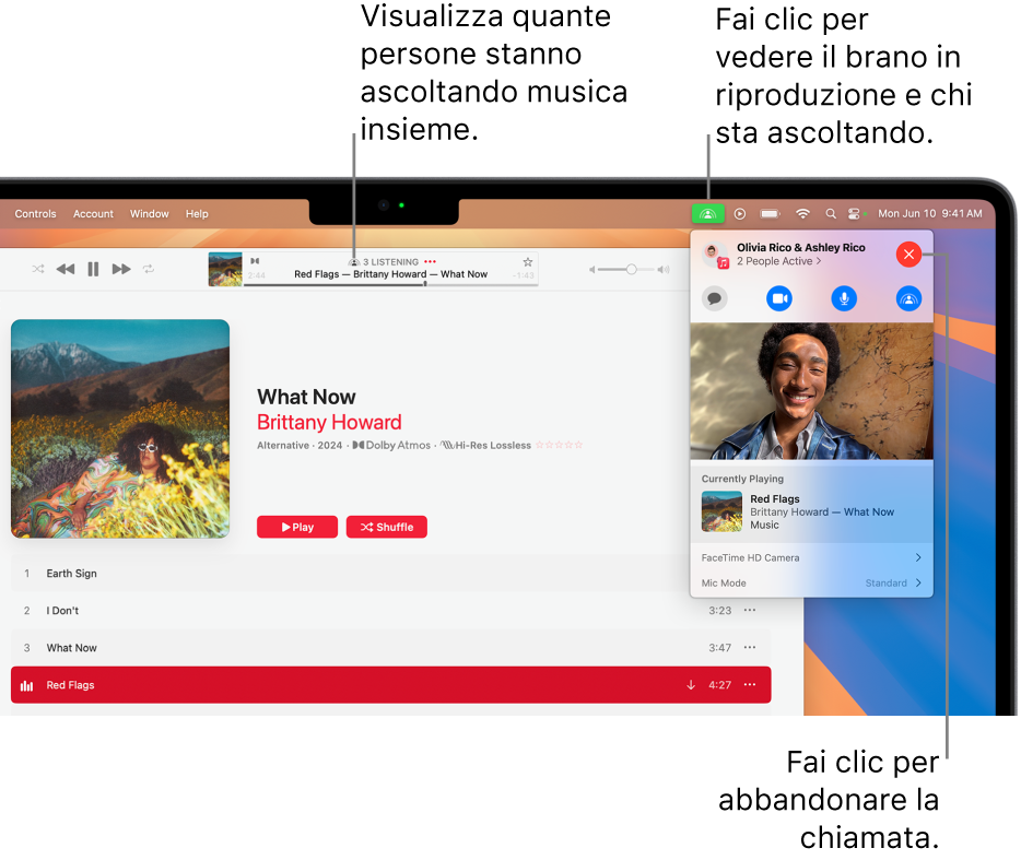 La finestra di Apple Music con una canzone in riproduzione mentre SharePlay è in uso. La finestra di riproduzione mostra quante persone stanno ascoltando musica insieme. A destra, viene fatto clic sull’icona SharePlay ed è possibile visualizzare chi sta ascoltando e il brano in riproduzione. Sulla destra, puoi fare clic sul pulsante Chiudi.