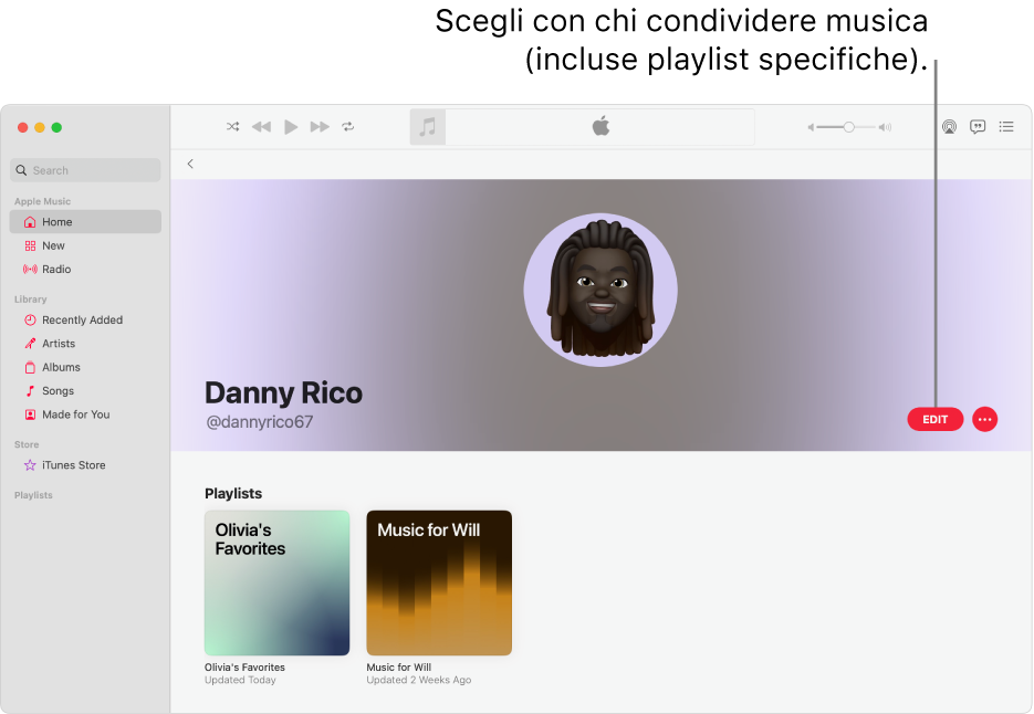 La pagina del profilo su Apple Music: sul lato destro della finestra, fai clic su Modifica per scegliere chi può seguirti. Sulla destra di Modifica, fai clic sul pulsante del menu Altro per o condividere la musica.