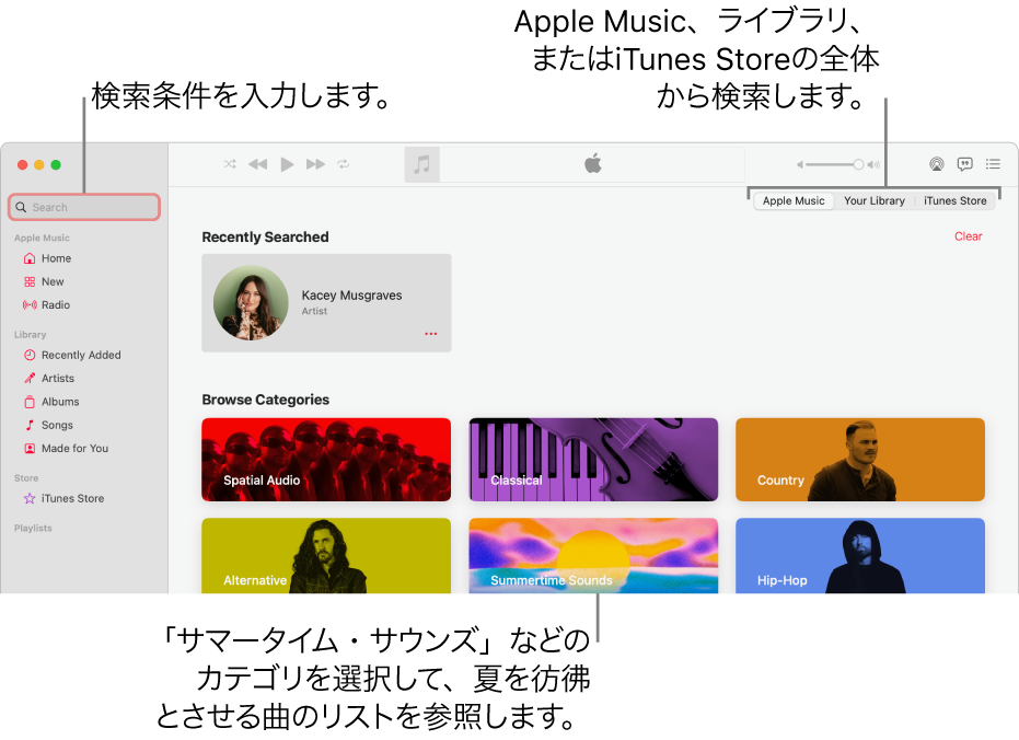 Apple Musicウインドウ。左上隅に検索フィールド、ウインドウの中央にカテゴリのリスト、右上隅にApple Music、ライブラリ、およびiTunes Storeが表示されています。検索フィールドに検索条件を入力してから、Apple Music全体から検索するか、ライブラリのみから検索するか、iTunes Storeから検索するかを選びます。