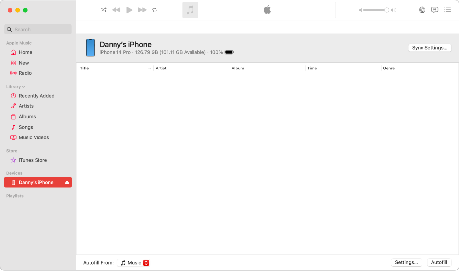 サイドバーにデバイス（Danny’s iPhone）が表示されている「ミュージック」ウインドウ。右上隅にある「同期設定」ボタンをクリックすると、Finderが開きます。