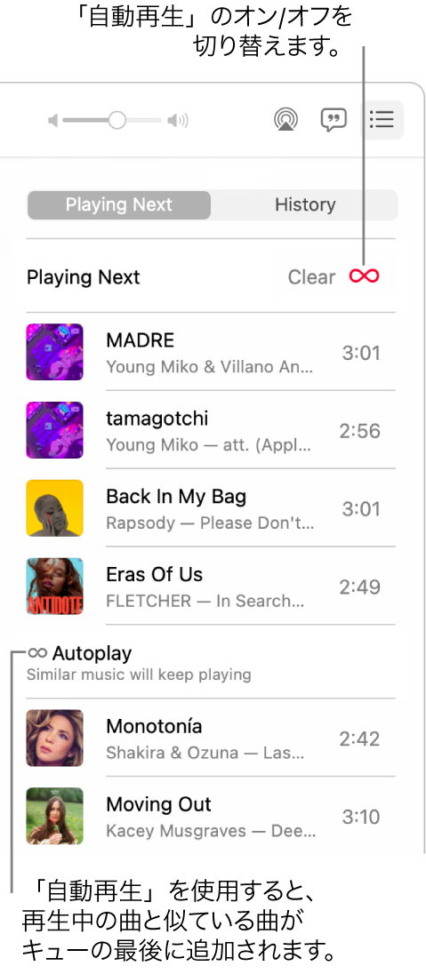 「次に再生」キュー。自動再生ボタンをクリックすると、オン/オフが切り替わります。自動再生がオンのときは、似たような曲がキューの終わりに追加されます。