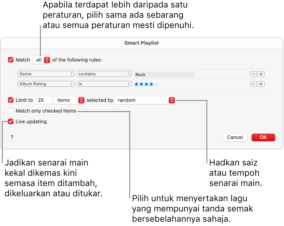 Dialog Senarai Main Pintar: Di bahagian penjuru kiri atas, pilih Padankan, kemudian tentukan kriteria senarai main (seperti genre atau penilaian). Teruskan menambah atau mengeluarkan peraturan dengan mengklik butang Tambah atau Keluarkan di bahagian penjuru kanan atas. Pilih pelbagai pilihan di penjuru kanan bawah dialog seperti mengehadkan saiz atau tempoh senarai main, termasuk hanya lagu yang disemak, atau menjadikan Muzik mengemas kini senarai main jika item dalam pustaka anda berubah.