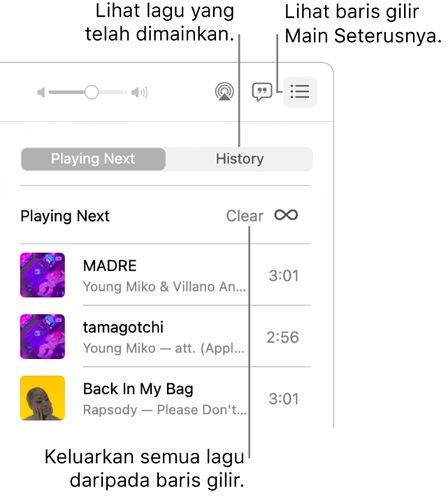 Butang Main Seterusnya di penjuru kanan atas Apple Music dipilih dan baris gilir kelihatan. Klik pautan Sejarah untuk menunjukkan lagu yang dimainkan sebelumnya. Klik pautan Kosongkan untuk mengeluarkan semua lagu daripada baris gilir.