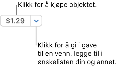 En knapp som viser en pris. Klikk på prisen for å kjøpe objektet. Klikk på pilen ved siden av prisen for å gi objektet til en venn, legge til objektet i ønskelisten og annet.