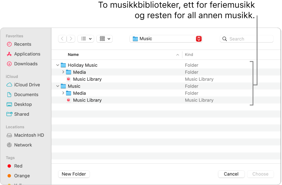 Finder-vinduet som viser flere biblioteket – ett for feriemusikk og et annet for resten av musikken.