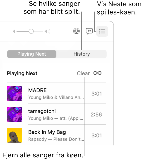 Neste som spilles-knappen øverst til høyre på Apple Music er markert og køen er synlig. Klikk på Logg-lenken for å vise tidligere avspilte sanger. Klikk på Fjern-lenken for å fjerne alle sanger fra køen.