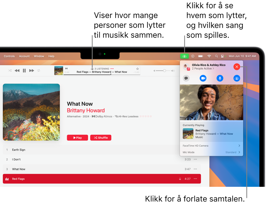 Apple Music-vinduet med en sang som spilles av med SharePlay. Avspillingsvinduet viser hvor mange personer som lytter til musikk sammen. Klikk på SharePlay-knappen til høyre for å se hvem som lytter og hvilken sang som spilles av. Klikk på Lukk-knappen til høyre.