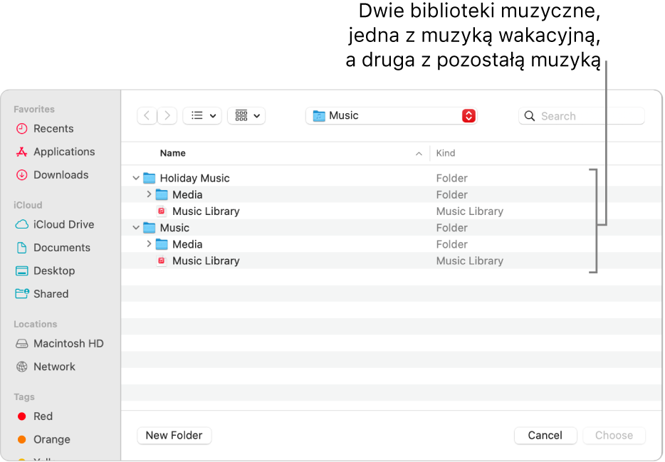 Okno Findera zawierające kilka bibliotek, jedną z muzyką świąteczną, a pozostałe z resztą Twojej muzyki.