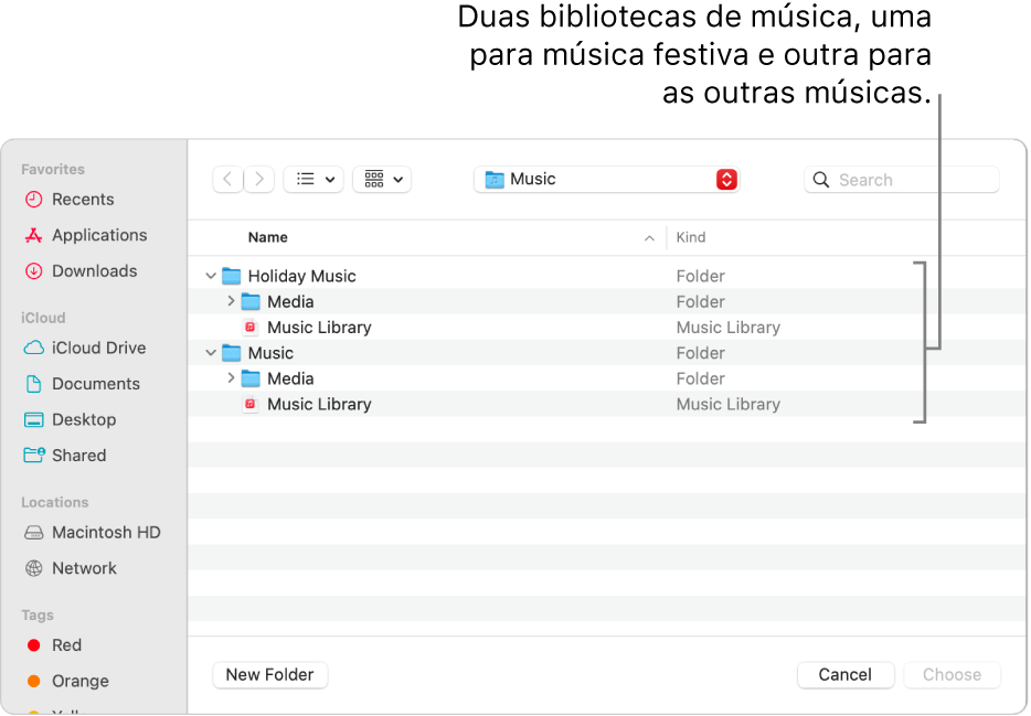 A janela do Finder a mostrar várias bibliotecas, uma para música para férias e outra para as restantes músicas.