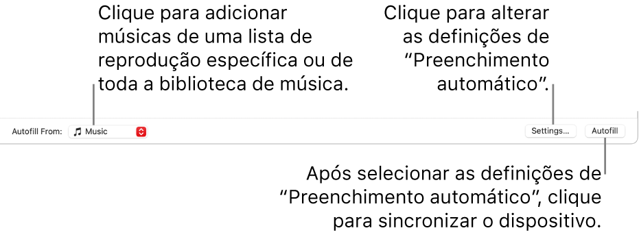 As opções de preenchimento automático na parte inferior da janela da aplicação Música. Na extrema esquerda encontra-se o menu pop‑up “Preencher automaticamente de”, onde pode escolher se pretende adicionar músicas de uma lista de reprodução ou da biblioteca inteira. Na extrema direita encontram-se dois botões: Definições, para alterar as várias opções de preenchimento automático, e Preenchimento automático. Quando clica neste botão, o dispositivo é preenchido com as músicas que satisfazem os critérios.