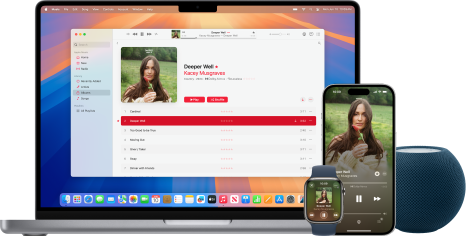 O melodie în redare pe un Mac, iPhone și Apple Watch, cu un HomePod.
