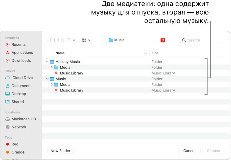 В окне Finder показано несколько медиатек: одна медиатека содержит музыку для отпуска, другая — всю остальную музыку.