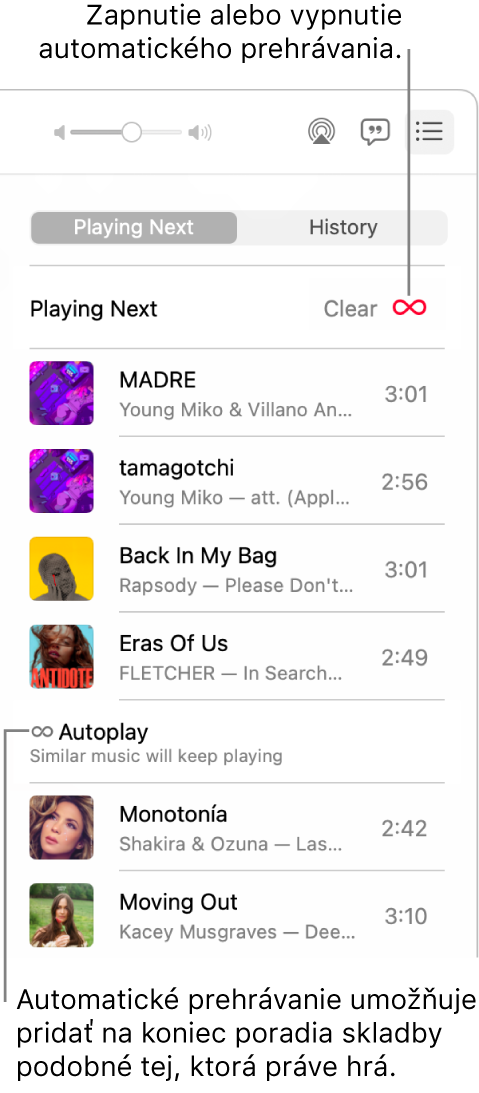 Poradovník Ďalšie. Kliknutím na tlačidlo Automatické prehrávanie ho môžete zapnúť alebo vypnúť. Keď je Automatické prehrávanie zapnuté, podobné skladby sa pridajú na koniec poradia.