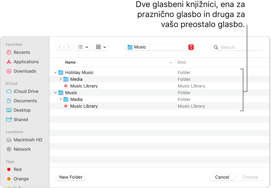 Okno aplikacije Finder, ki prikazuje več knjižnic: knjižnico počitniške glasbe in knjižnico preostale glasbe.