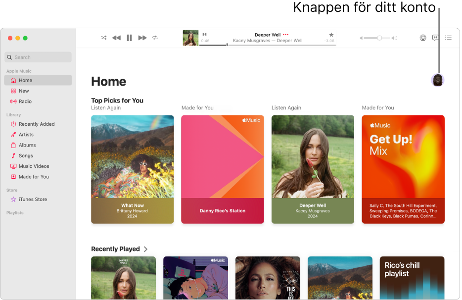 Apple Music-fönstret som visar skärmen Hem. Knappen Mitt konto (som ser ut som en bild eller ett monogram) finns i det övre högra hörnet av fönstret.
