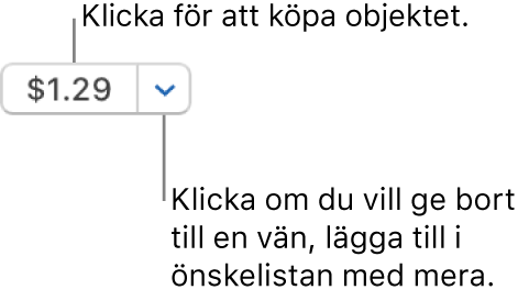 En knapp som visar priset. Klicka på priset för att köpa objektet. Klicka på pilen bredvid priset om du vill ge bort objektet till en vän eller lägga till det i önskelistan med mera.