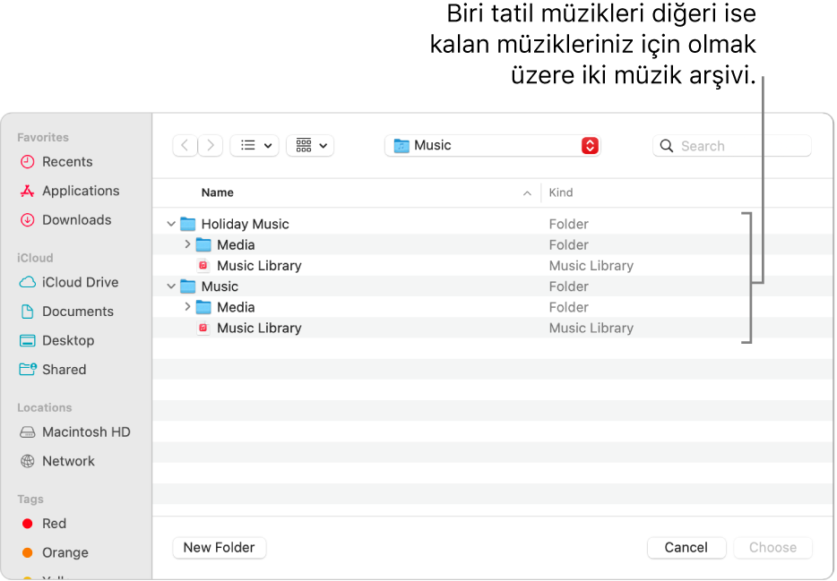 Biri tatil müziği, diğeri de kalan müzikleriniz için olan birden fazla arşiv gösteren Finder penceresi.