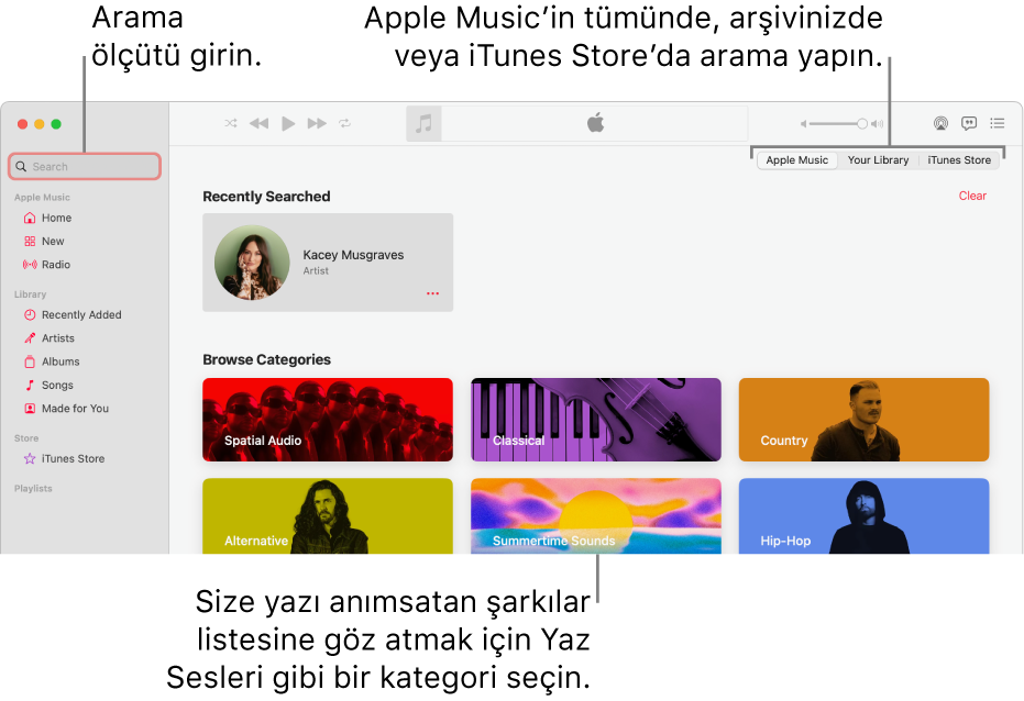 Sol üst köşede arama alanını, pencerenin ortasında kategori listesini ve sağ üst köşede Apple Music, Arşiviniz ve iTunes Store seçeneklerini gösteren Apple Music penceresi. Arama alanına arama ölçütünü girin, sonra Apple Music’in tamamında, yalnızca arşivinizde ya da iTunes Store’da arama yapmayı seçin.