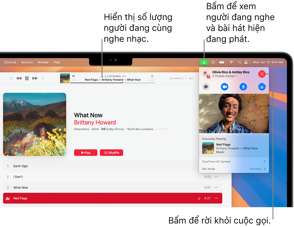 Cửa sổ Apple Music với một bài hát đang phát trong khi đang sử dụng SharePlay. Cửa sổ phát lại hiển thị cho bạn số người đang nghe nhạc cùng nhau. Ở bên phải, biểu tượng SharePlay được bấm vào và bạn có thể xem những ai đang nghe cũng như bài hát hiện đang phát. Ở bên phải, bạn có thể bấm vào nút Đóng.