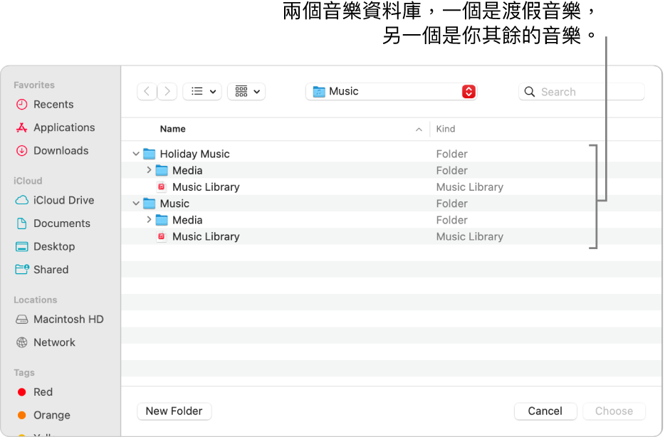 Finder 視窗顯示多個資料庫，一個為假日音樂，另一個為你其餘的音樂。