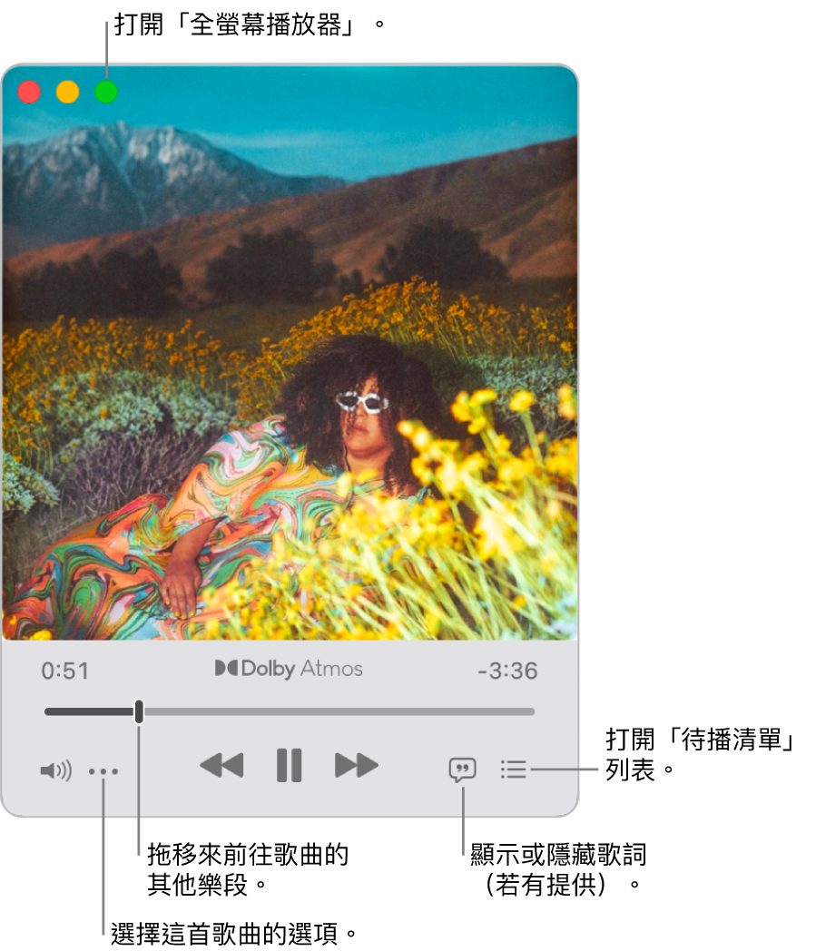 展開的迷你播放器顯示播放中歌曲的控制項目。左上角為用來打開和關閉「全螢幕播放器」的視窗控制項目。視窗的主要部分顯示播放中歌曲的專輯插圖。插圖下方為移到歌曲其他部份的滑桿，以及調整音量、顯示歌詞和顯示待播清單的按鈕。