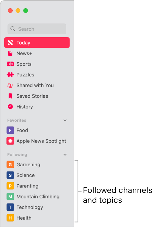 The Apple News sidebar showing followed channels and topics.