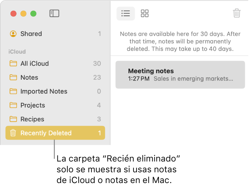 La ventana de Notas con la carpeta Eliminadas en la barra lateral y una nota eliminada recientemente. Sólo se muestra la carpeta Eliminadas si usas notas en iCloud o notas en tu Mac.